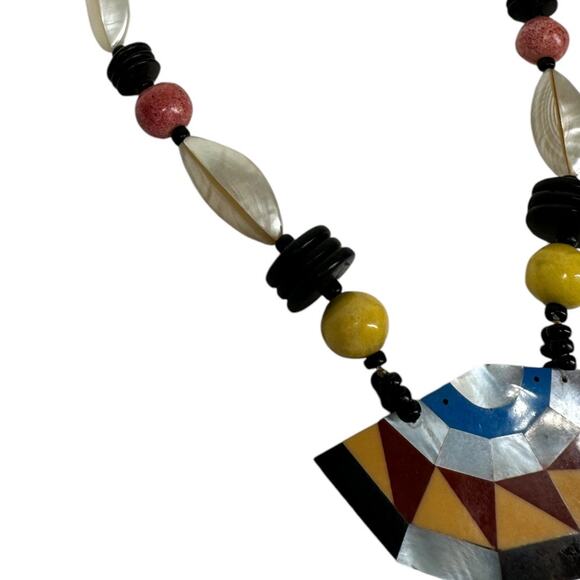 Vintage Inlay Acrylic Shell Necklace Long Beaded Statement MOP Mother Of Pearl - Picture 3 of 7